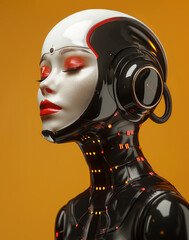 Futuristic android with a human-like female face and black suit over minimal background - 781567990