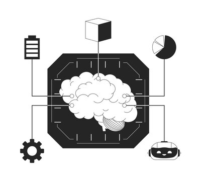 Machine learning brain black and white 2D illustration concept. Data analytics software. Computing platform cartoon outline object isolated on white. Digital processing metaphor monochrome vector art