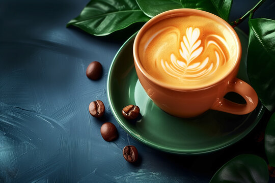 Coffee with latte art in an orange cup on a green saucer with fresh leaves, top view..