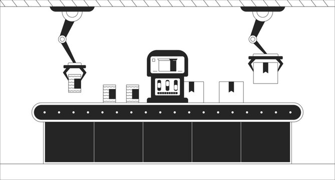 Robotic automation black and white line illustration. Robot arms manufacturing 2D interior monochrome background. Industry 4 0. Factory assembly line boxes packaging outline scene vector image