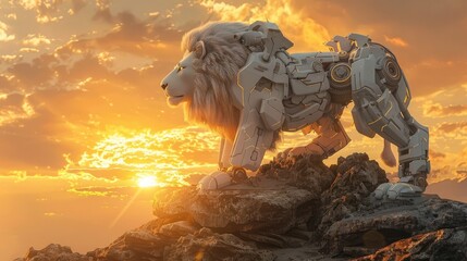 Mighty Robotic Lion Surveying its Technological Kingdom at Sunset - obrazy, fototapety, plakaty