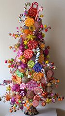Fototapeta na wymiar A Christmas tree made of candy, lollipops and sweets A whimsical design that is colorful and playful