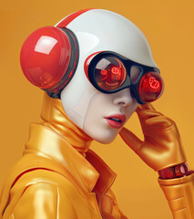 Sci-fi portrait of a robot with female face and red goggles over yellow background - 781568573