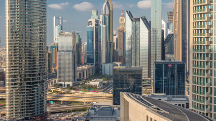 Dubai International Financial Centre district with modern skyscrapers timelapse