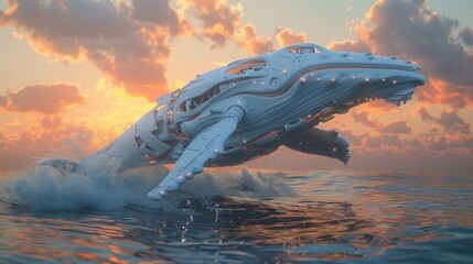 Transformative Encounter A Blue Whale Breaching as an Advanced Robotic Entity Against a Stunning Sunset Backdrop - obrazy, fototapety, plakaty