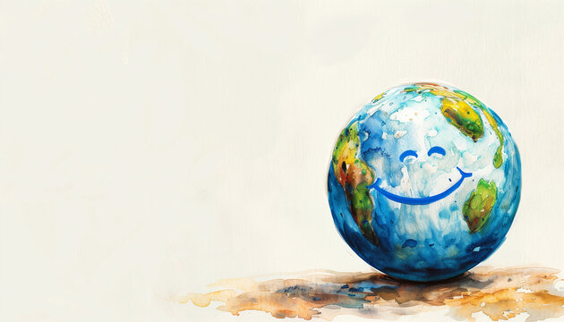 Watercolor Smiling Earth Emoji on White Background with copy space, Earth Day Concept