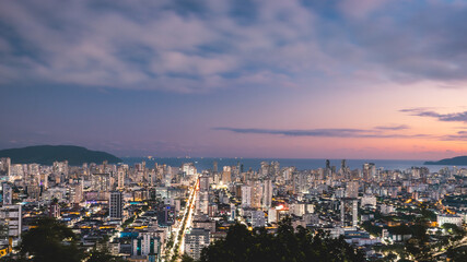 Fototapeta na wymiar Panoramic view from the skyline of Santos, Brazil at night.