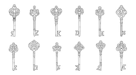 Key doodle set. House key doodle. Antigue keys sketch. Modern trendy doodles. House keys, home rental, secret door, safe, jewelry box, real estate. - 781569167