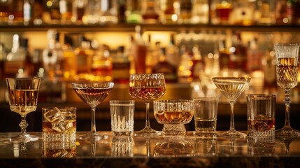 A selection of fine spirits and liqueurs in various glasses, with a warm, inviting backdrop ideal for a tasting event - obrazy, fototapety, plakaty