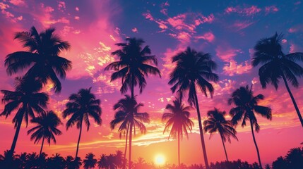 Fototapeta na wymiar Palm Trees Silhouetted Against a Sunset Sky