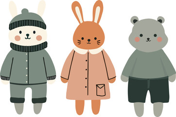 set of vector animals, hares and bear in clothes