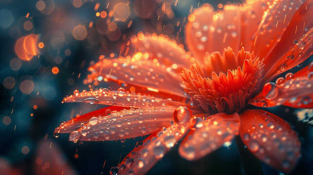 A close up of a red flower with raindrops on it