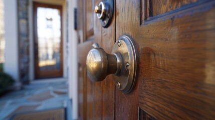 wooden door with grill, door knob or handle on wooden door in beautiful lighting
