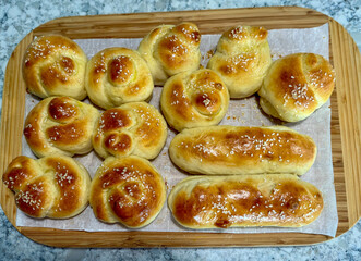 Freshly baked rolls on a cutting board in a home in Orlando, Florida