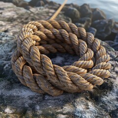 Fototapeta na wymiar Coiled Climbing Rope with Intricate Knot Pattern on Rocky Surface