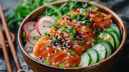 A Bowl of Salmon and Rice With Chopsticks