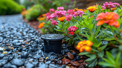 Beautiful colorful variety of spring and summer flowers in pots and a watering can on the patio - obrazy, fototapety, plakaty