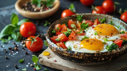 Bowl Filled With Eggs and Tomatoes on Cutting Board