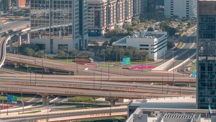 Aerial view of highway interchange in Dubai downtown timelapse.