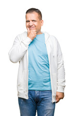 Middle age arab man wearing sweatshirt over isolated background looking confident at the camera with smile with crossed arms and hand raised on chin. Thinking positive.