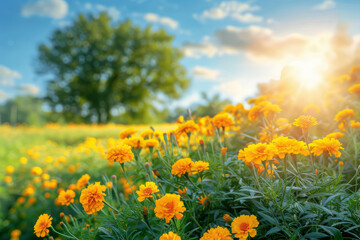 Obraz premium Marigold field at Summer beneath blue sky