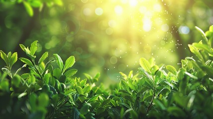 Sunlight shining through fresh green leaves