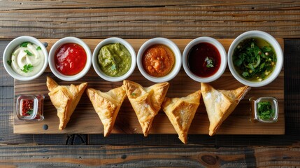 mini triangle puff pastry pies served on a wooden board, accompanied by assorted dipping sauces at a lively function.