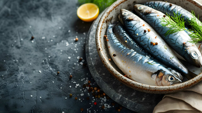 Top view of fresh raw sardines on a dark background