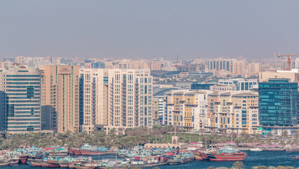 Aerial view of neighborhood Deira with typical buildings timelapse, Dubai, United Arab Emirates