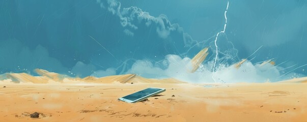 A 2D rendering of a phone lost in a watercolor desert, miraculously charging from a bolt of lightning - obrazy, fototapety, plakaty