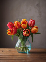 Naklejka premium Vibrant tulips bouquet in a glass vase on a wooden table against a blank coral wall, providing a picturesque home interior with room for customization.