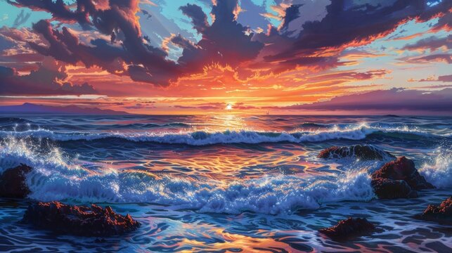 Ocean sunset with crashing waves