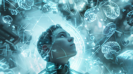 human robot, artificial intelligence, business intelligence, scientific symbols and laboratory equipment, neural networks, science fiction,  technology and anatomy,