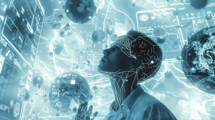 human robot, artificial intelligence, business intelligence, scientific symbols and laboratory equipment, neural networks, science fiction,  technology and anatomy,