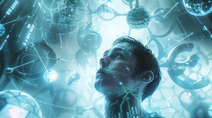 human robot, artificial intelligence, business intelligence, scientific symbols and laboratory equipment, neural networks, science fiction,  technology and anatomy,