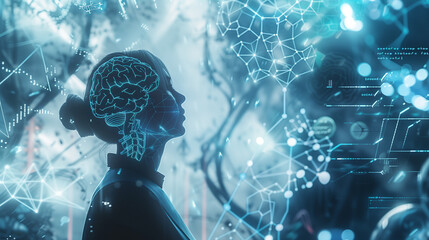 human robot, artificial intelligence, business intelligence, scientific symbols and laboratory equipment, neural networks, science fiction,  technology and anatomy,