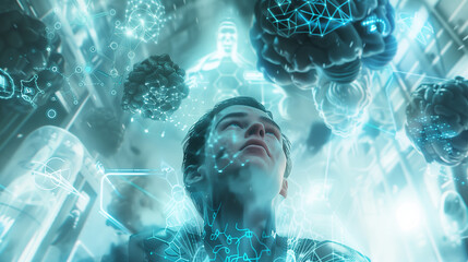 human robot, artificial intelligence, business intelligence, scientific symbols and laboratory equipment, neural networks, science fiction,  technology and anatomy,