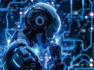 human robot, artificial intelligence, business intelligence, scientific symbols and laboratory equipment, neural networks, science fiction,  technology and anatomy,