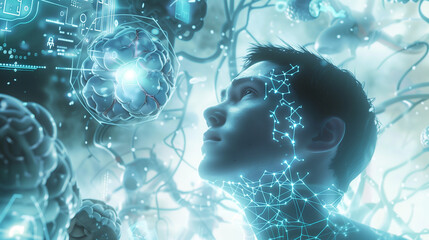 human robot, artificial intelligence, business intelligence, scientific symbols and laboratory equipment, neural networks, science fiction,  technology and anatomy,