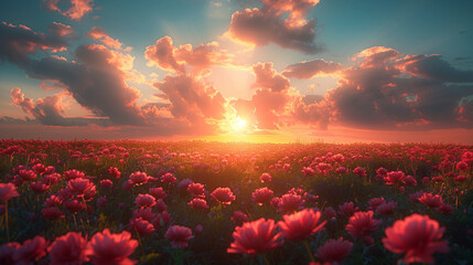 A field of red flowers with a bright sun in the sky - obrazy, fototapety, plakaty