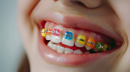 Girl with colored braces on her teeth.