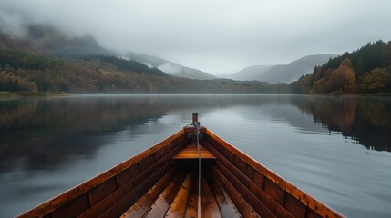 Serene Lake Misty Landscape View from the Bow of a Wooden Boat - obrazy, fototapety, plakaty