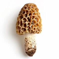 Edible morel isolated on solid white background.
