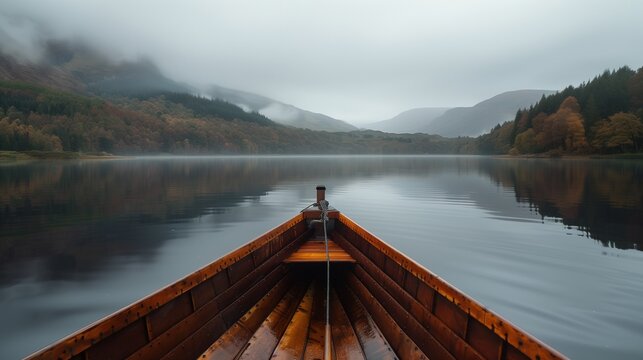 Serene Lake Misty Landscape View from the Bow of a Wooden Boat