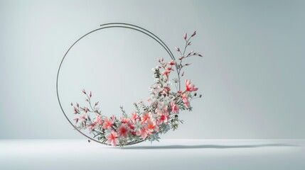 an abstract metal material round, partially integrated into a fashion-forward plant wreath design, with oversized flowers suspended in an ultra wide-angle shot against a white background.