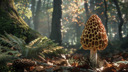 Edible morel in a forest scenery.