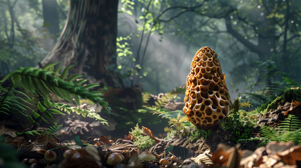 Edible morel in a forest scenery. - obrazy, fototapety, plakaty
