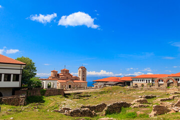 Fototapeta na wymiar Church of Saints Clement and Panteleimon and historic district of Plaoshnik in Ohrid, North Macedonia
