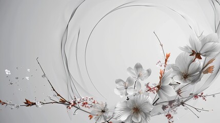 an abstract metal material round, partially integrated into a fashion-forward plant wreath design, with oversized flowers suspended in an ultra wide-angle shot against a white background.