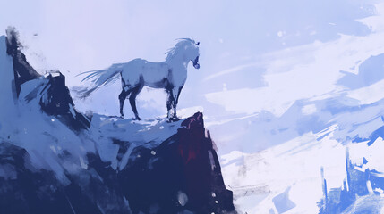Esboço de um cavalo no topo de uma montanha - Ilustração - obrazy, fototapety, plakaty